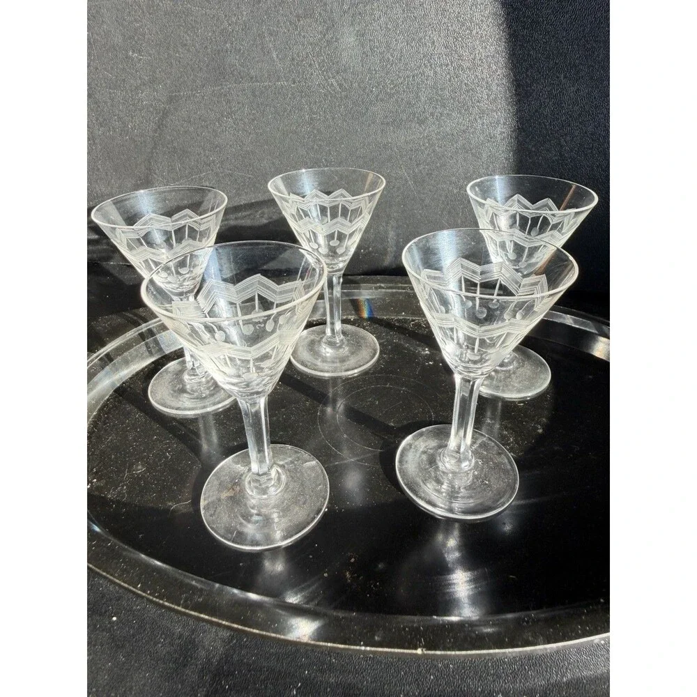 Set of 5 Vintage Art Deco Etched Crystal Cocktail/Sherry Glasses